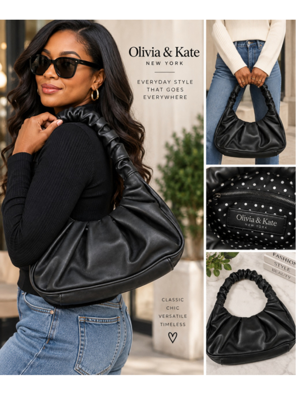 Olivia & Kate New York Black Ruched Hobo Shoulder Bag Y2K